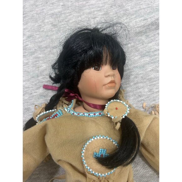 Many Stars Native Indian Porcelain Girls Doll Black Hair Brown Dress - Picture 5 of 11